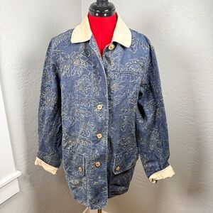 Coldwater Creek Blue Linen Blend Beige Floral Button Front Jean Jacket Size M